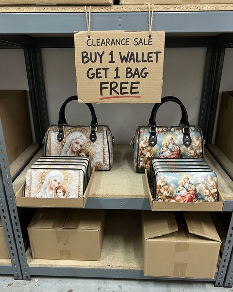 Our warehouse shelf: a hand-written clearance sign over two Mini Satchels and boxes of matching wallets