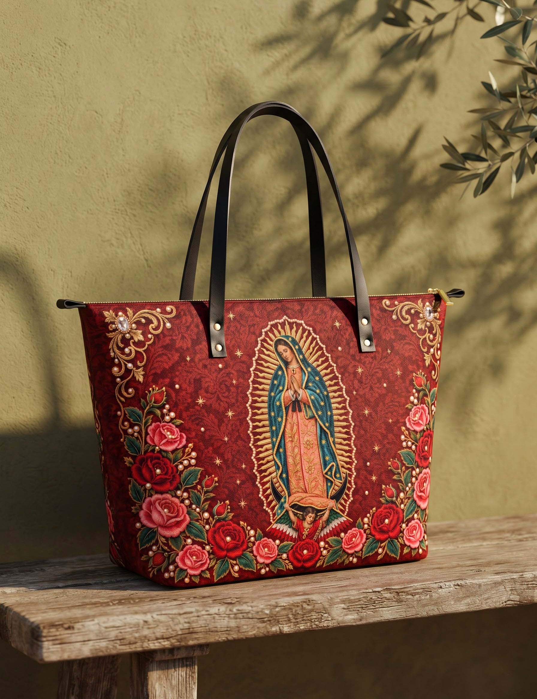 Our Lady of Guadalupe - Rosa - Leather Tote Bag