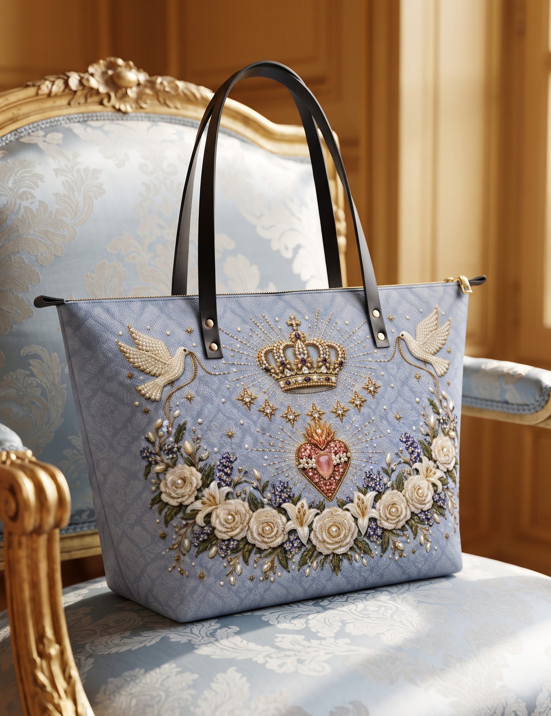 Crowned Immaculate Heart - Leather Tote Bag
