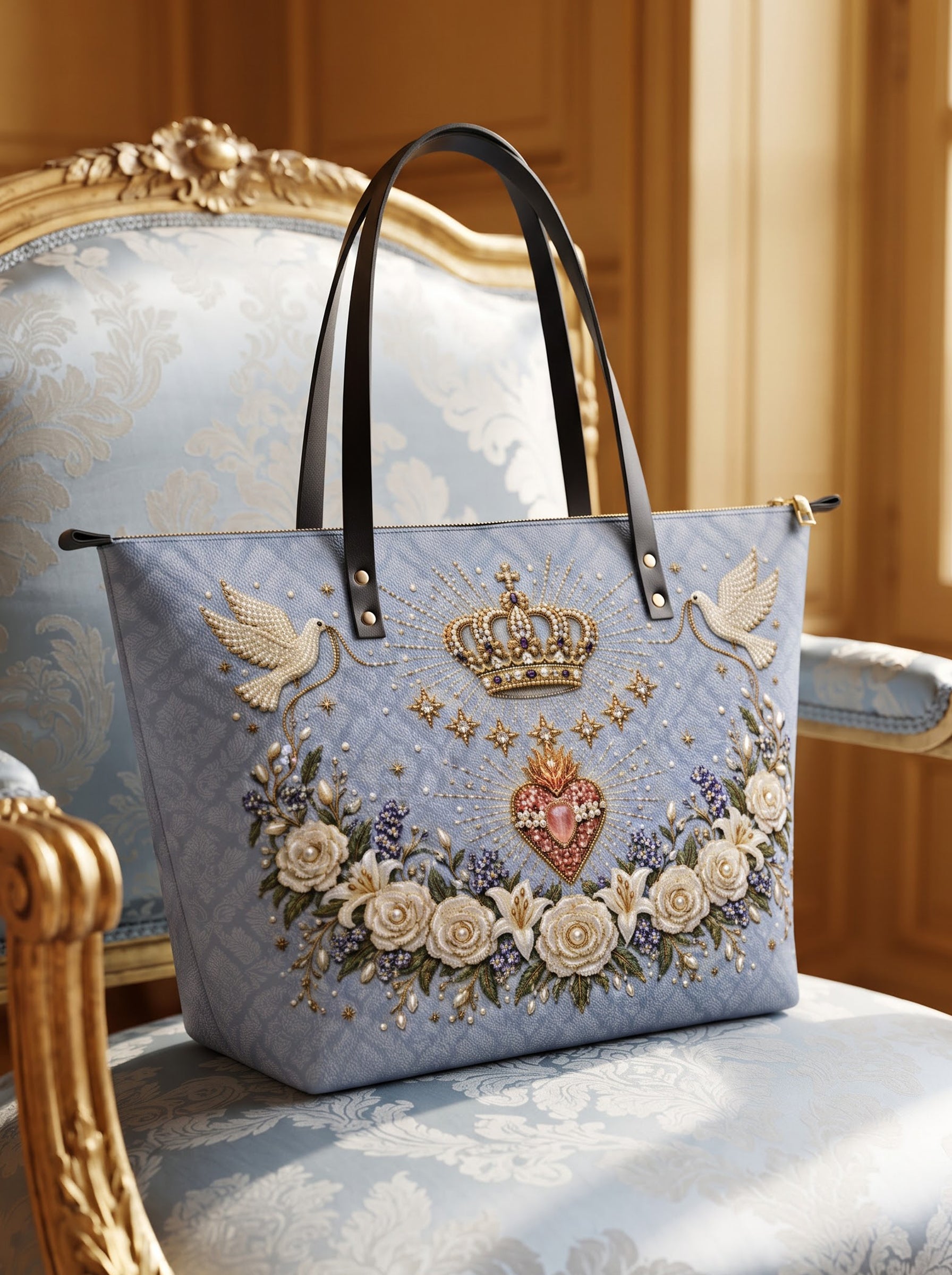 Crowned Immaculate Heart - Leather Tote Bag