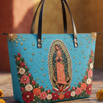 Our Lady of Guadalupe - Turquesa - Leather Tote Bag