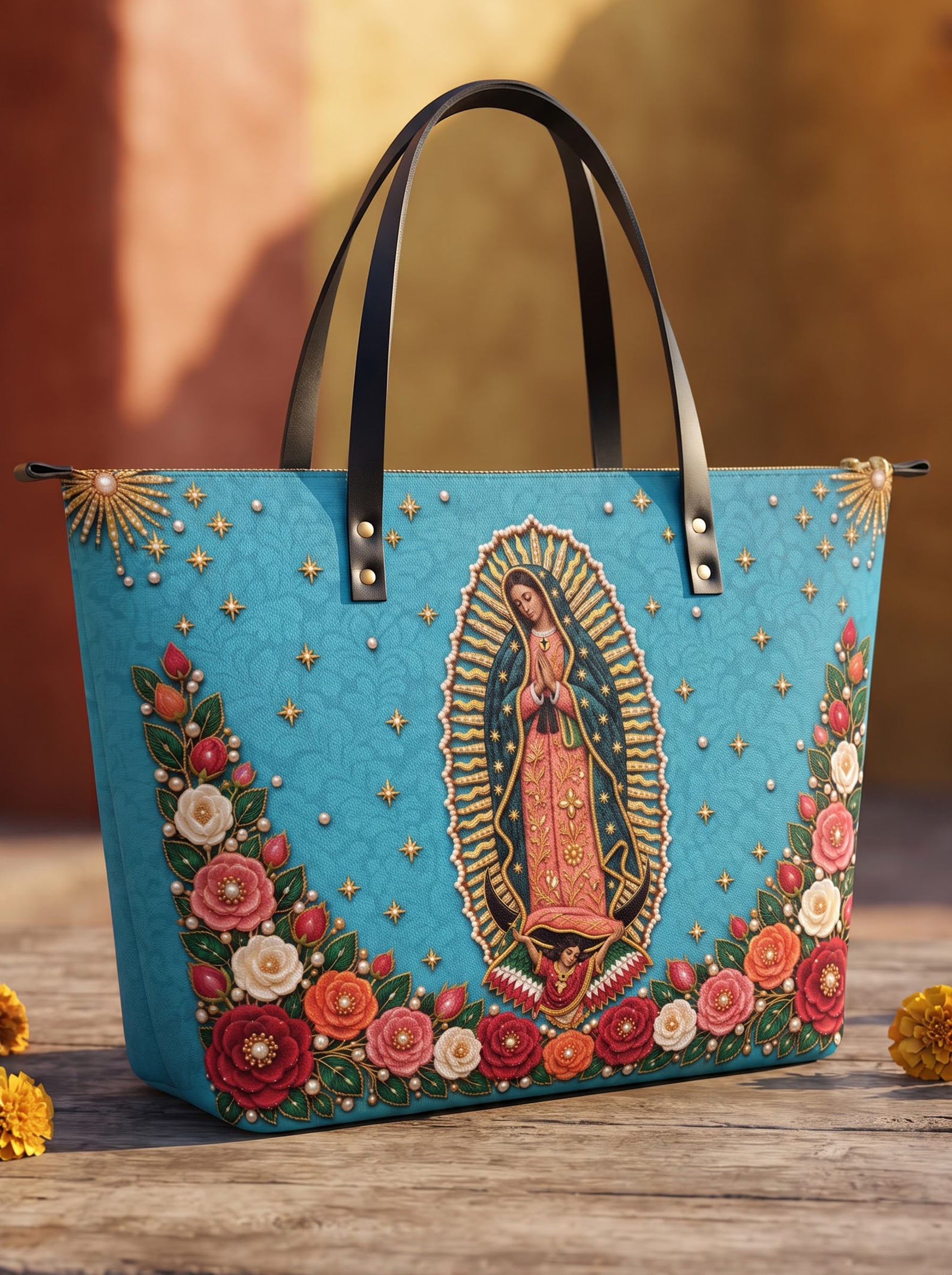 Our Lady of Guadalupe - Turquesa - Leather Tote Bag
