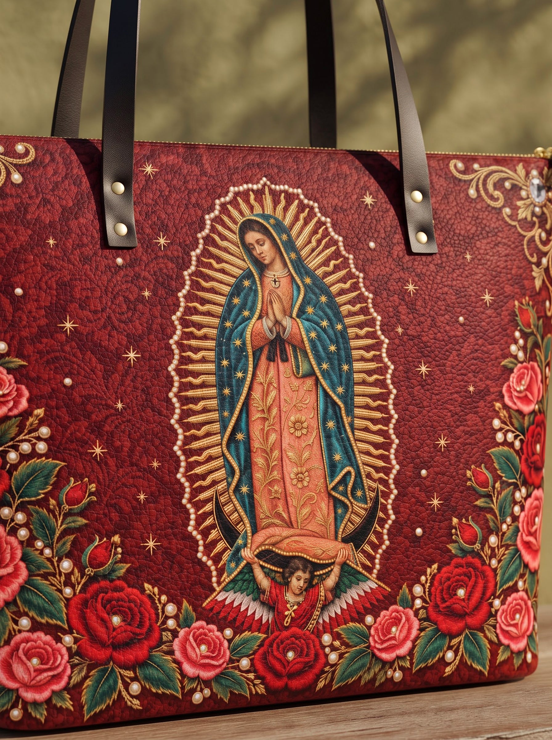 Our Lady of Guadalupe - Rosa - Leather Tote Bag