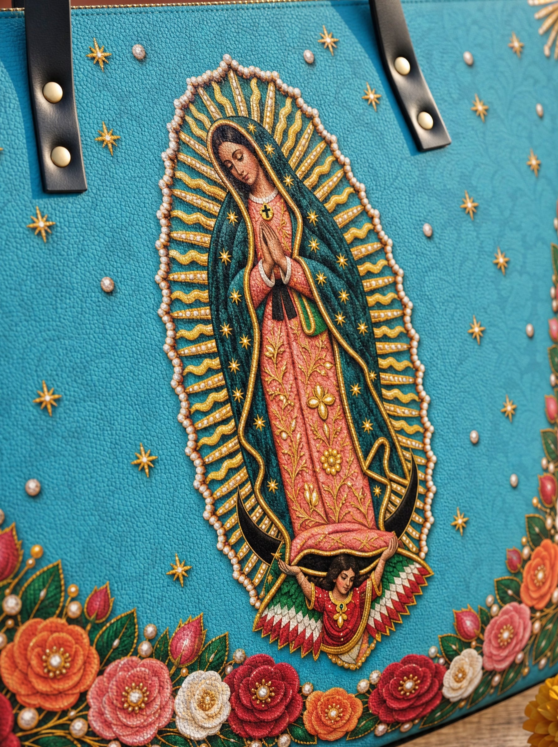 Our Lady of Guadalupe - Turquesa - Leather Tote Bag