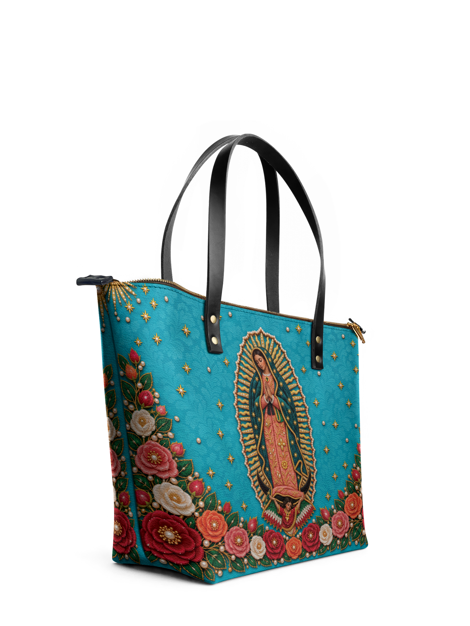 Our Lady of Guadalupe - Turquesa - Leather Tote Bag