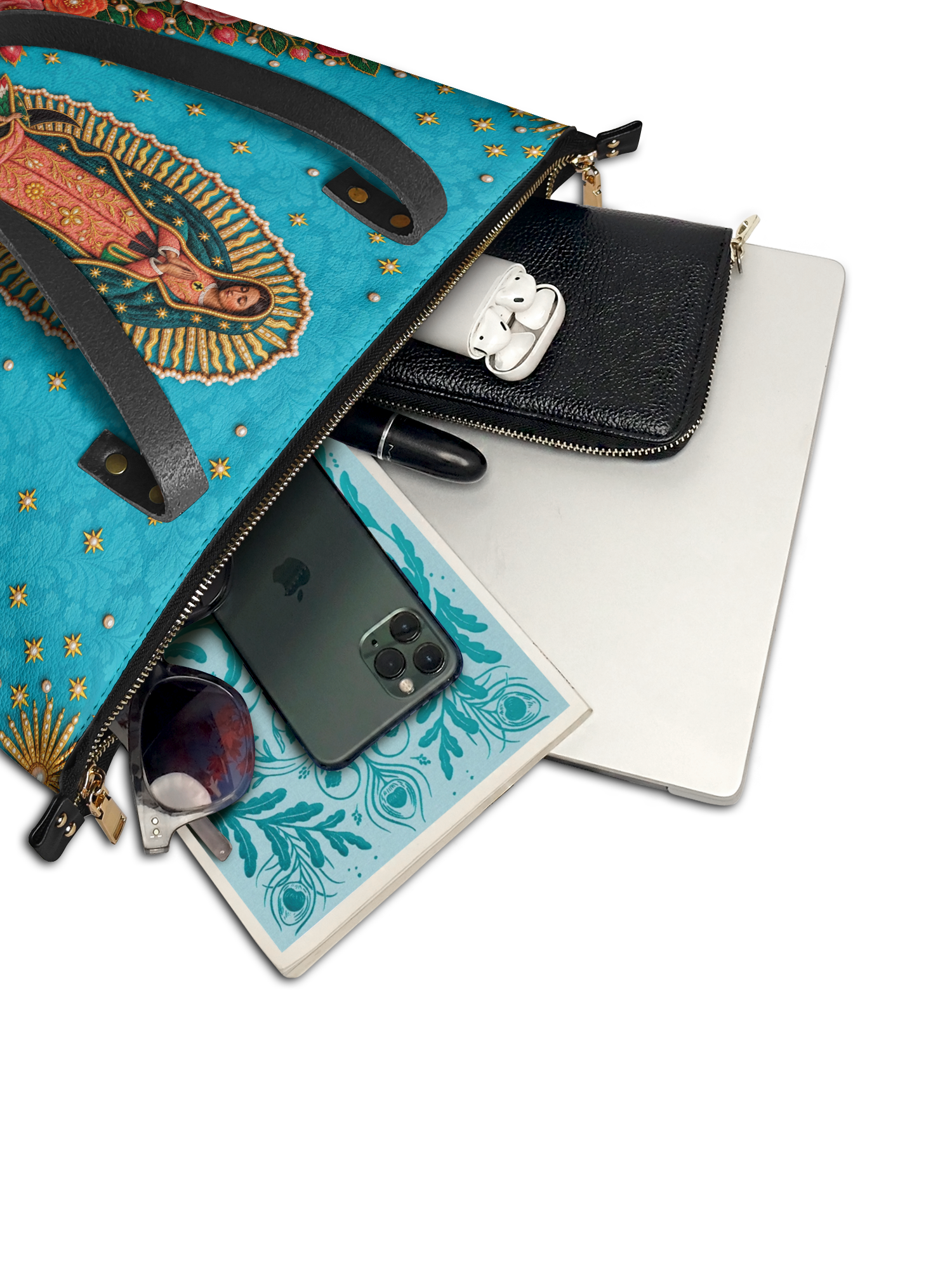 Our Lady of Guadalupe - Turquesa - Leather Tote Bag