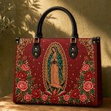 Our Lady of Guadalupe Rosa Brown Interior - Deluxe Leather Handbag