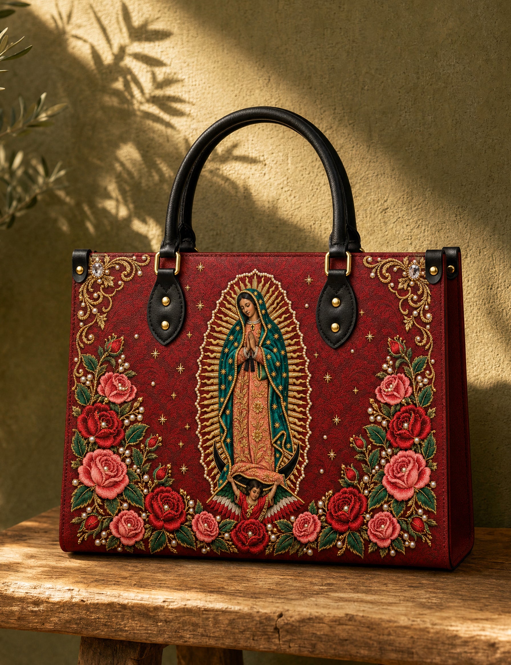 Our Lady of Guadalupe Rosa Brown Interior - Deluxe Leather Handbag