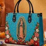 Our Lady of Guadalupe Turquesa Brown Interior - Deluxe Leather Handbag