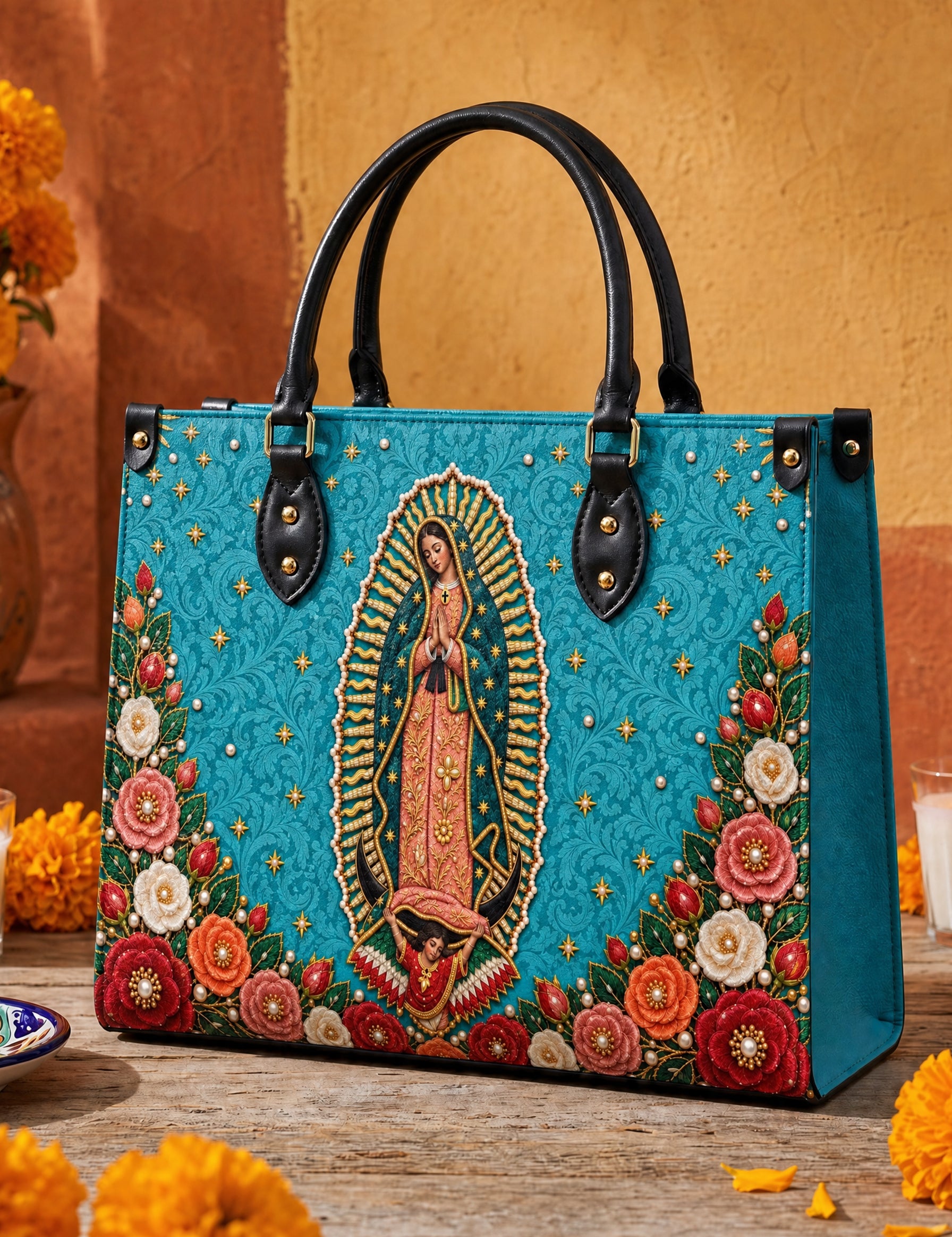 Our Lady of Guadalupe Turquesa Brown Interior - Deluxe Leather Handbag