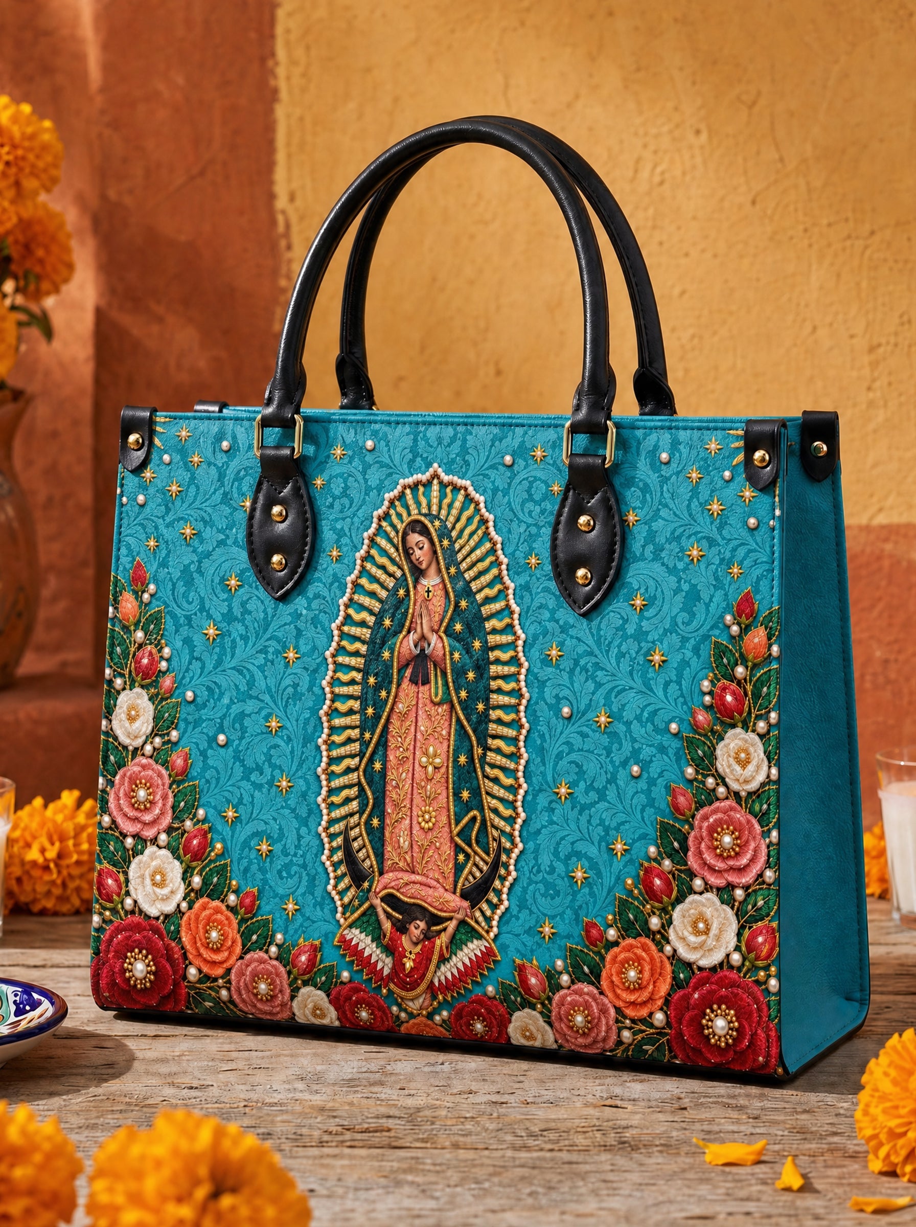 Our Lady of Guadalupe Turquesa Brown Interior - Deluxe Leather Handbag