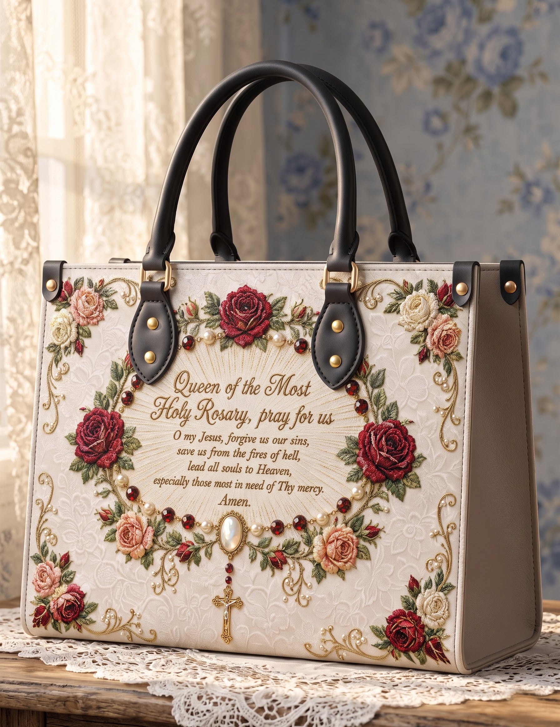 Our Lady of the Rosary Brown Interior - Deluxe Leather Handbag