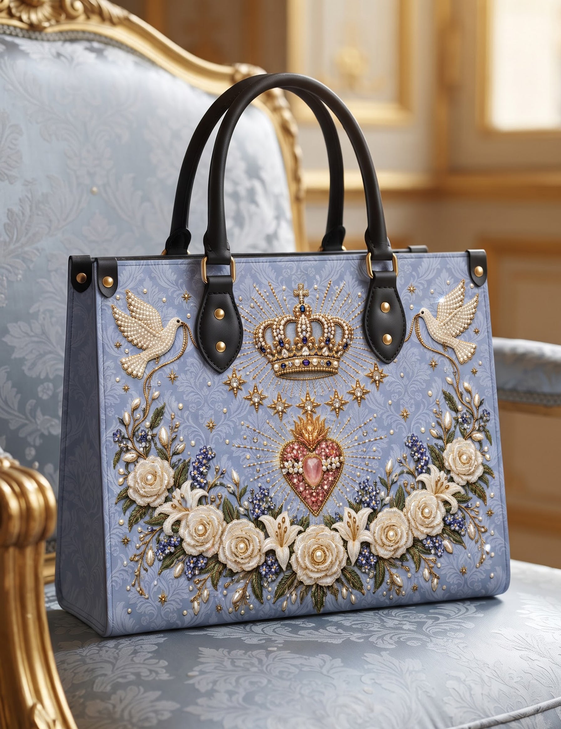 Crowned Immaculate Heart Brown Interior - Deluxe Leather Handbag