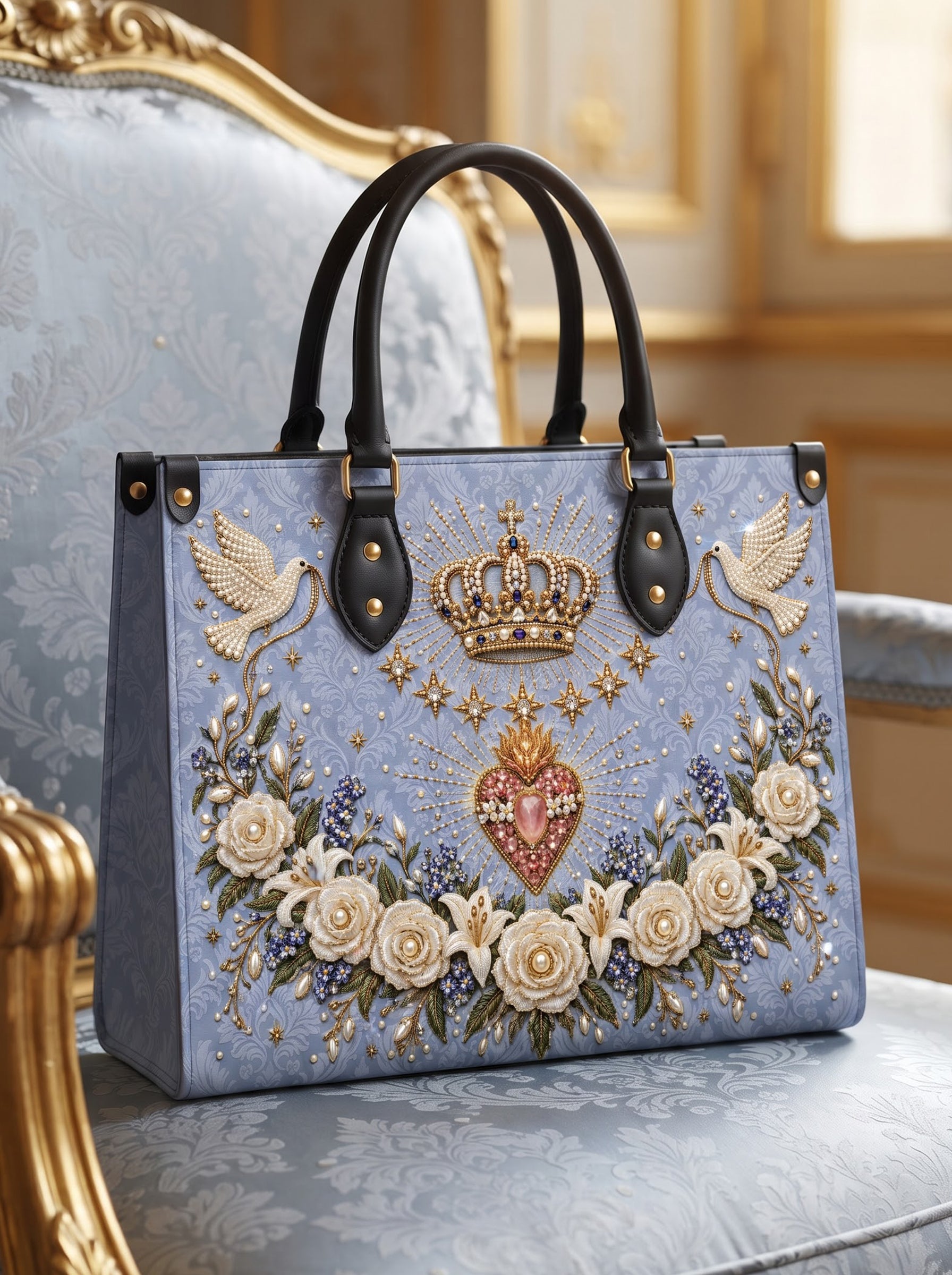 Crowned Immaculate Heart Brown Interior - Deluxe Leather Handbag