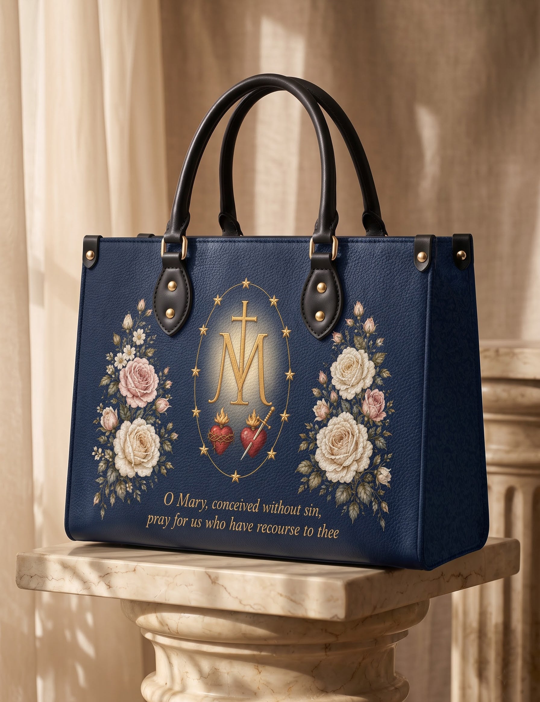 Miraculous Medal Blue Interior - Deluxe Leather Handbag