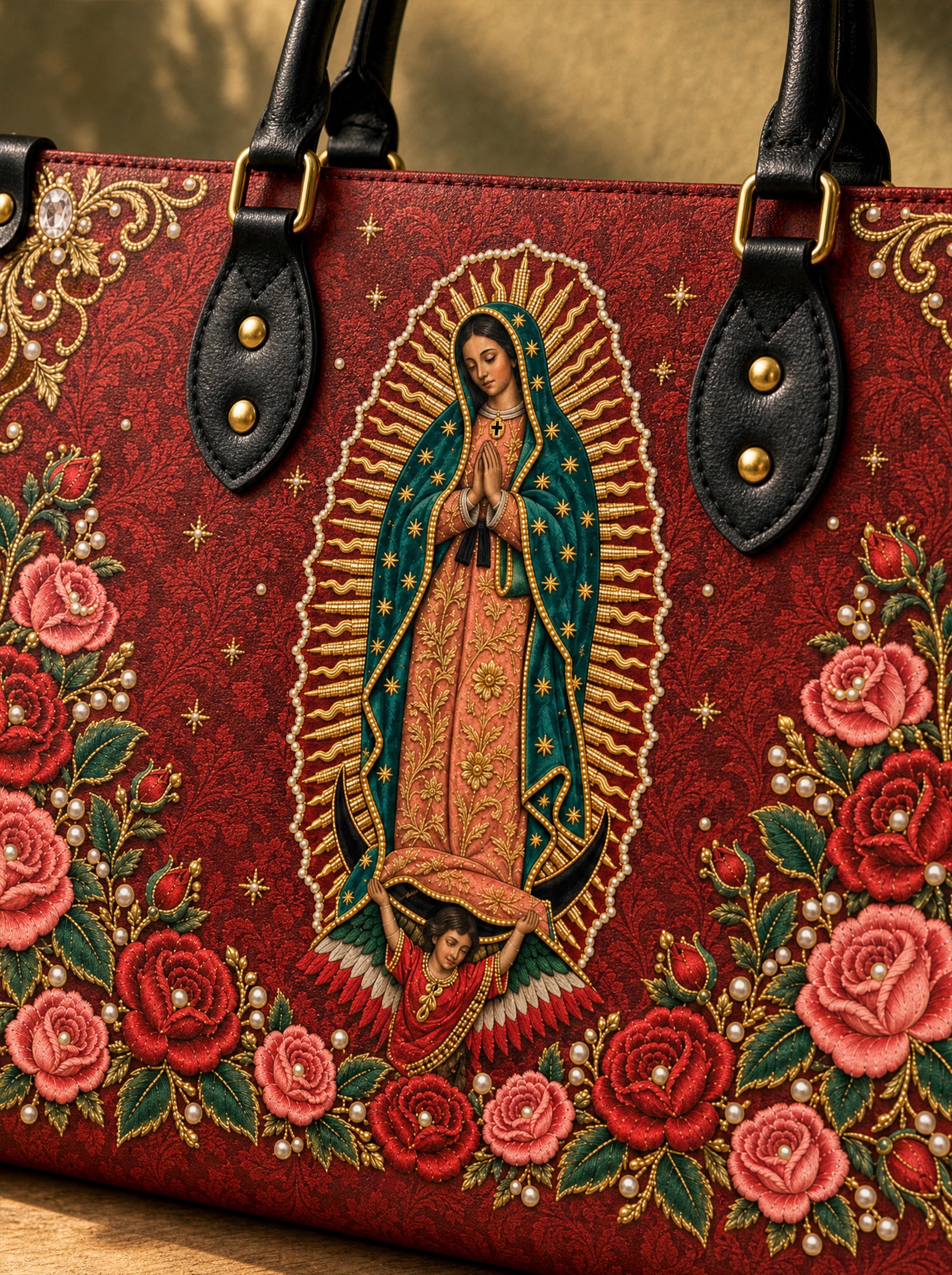 Our Lady of Guadalupe Rosa Brown Interior - Deluxe Leather Handbag