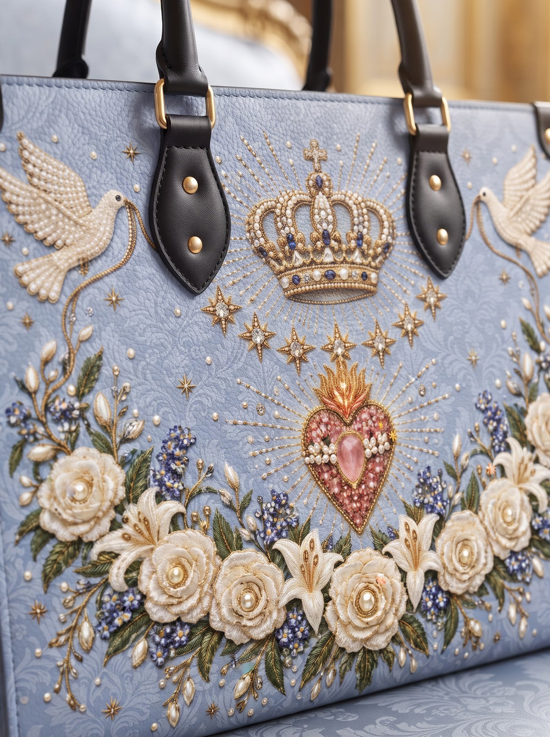 Crowned Immaculate Heart Brown Interior - Deluxe Leather Handbag