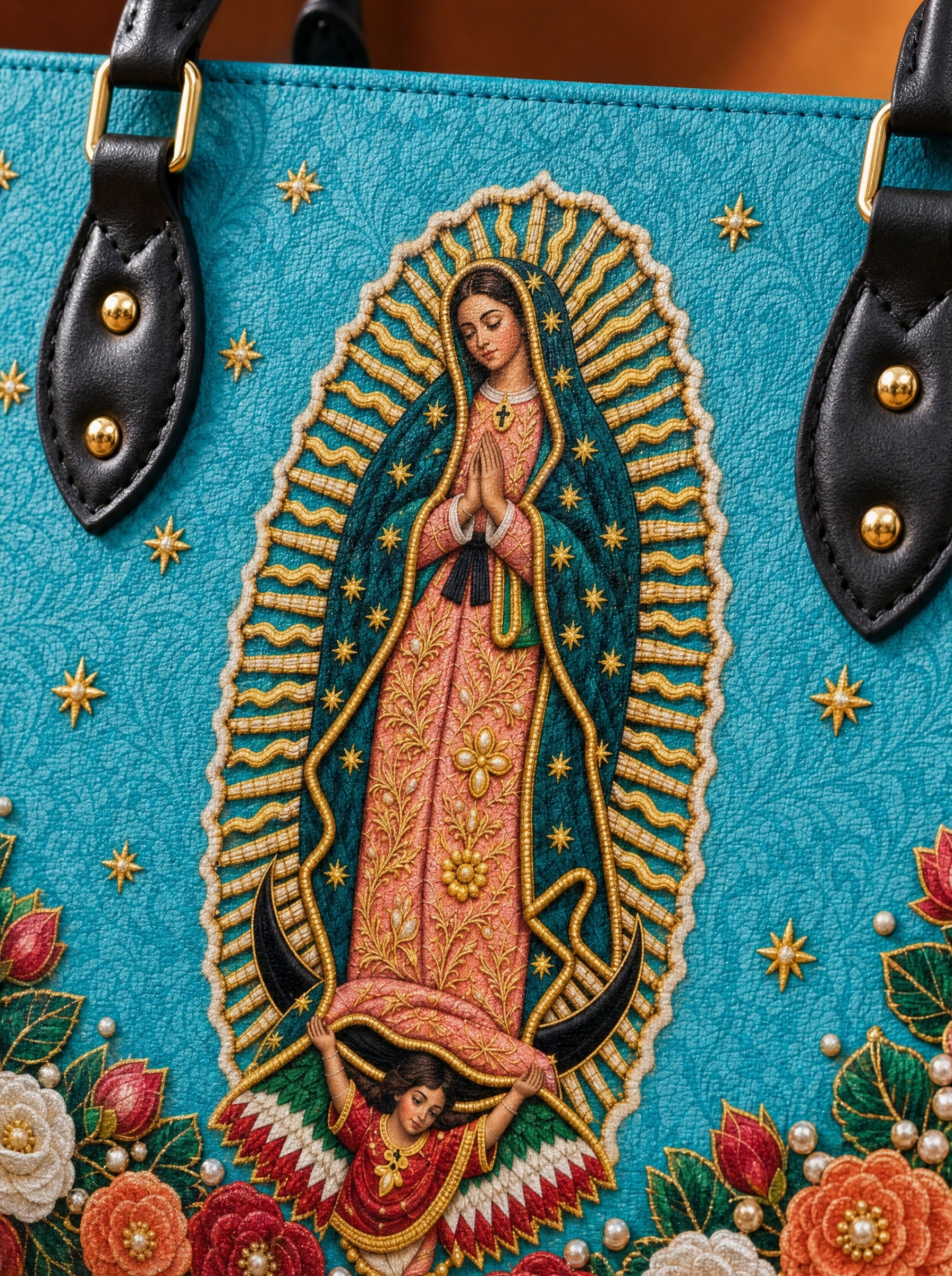 Our Lady of Guadalupe Turquesa Brown Interior - Deluxe Leather Handbag