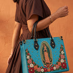 Our Lady of Guadalupe Turquesa Brown Interior - Deluxe Leather Handbag