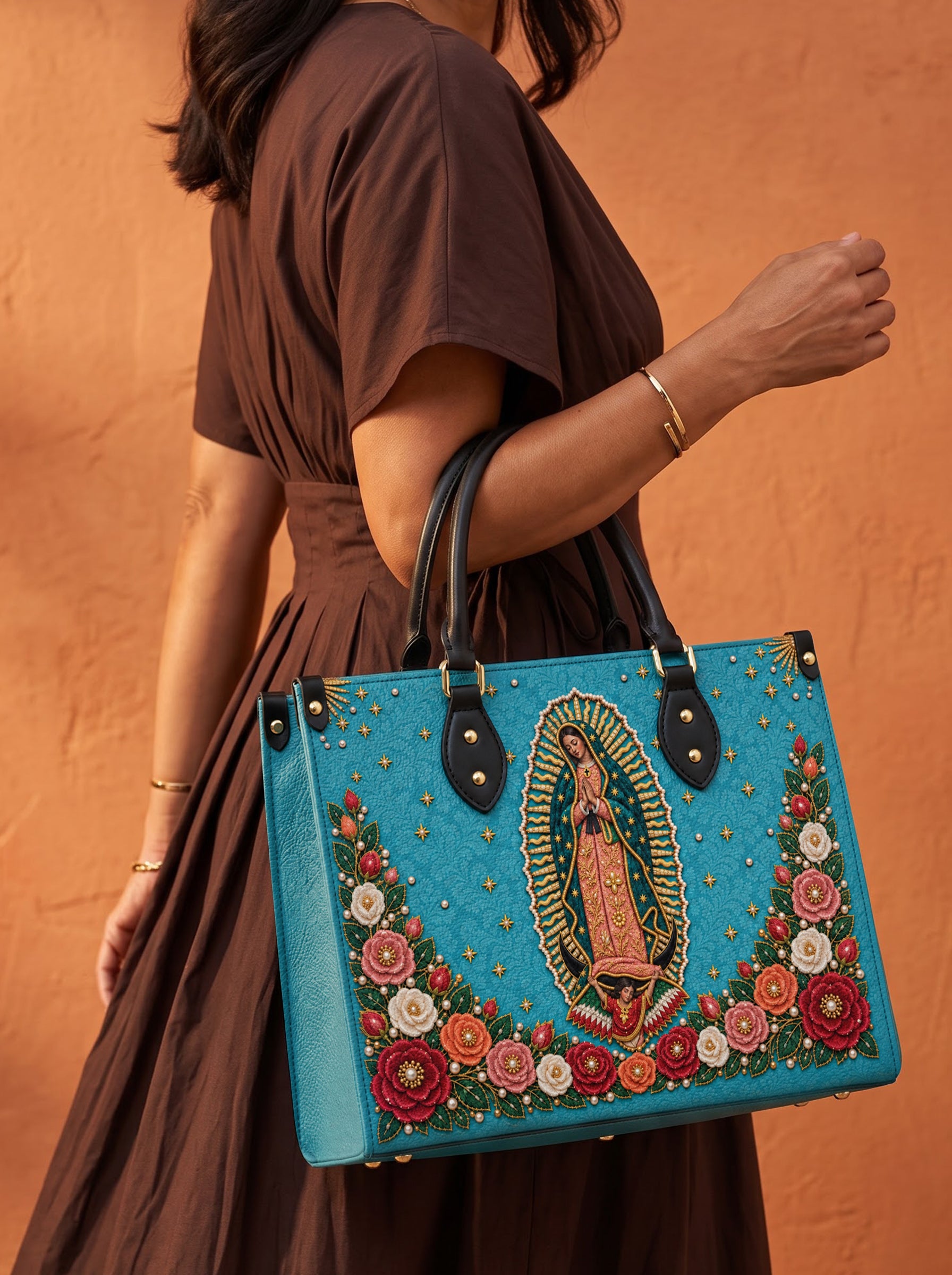 Our Lady of Guadalupe Turquesa Brown Interior - Deluxe Leather Handbag