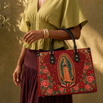 Our Lady of Guadalupe Rosa Brown Interior - Deluxe Leather Handbag