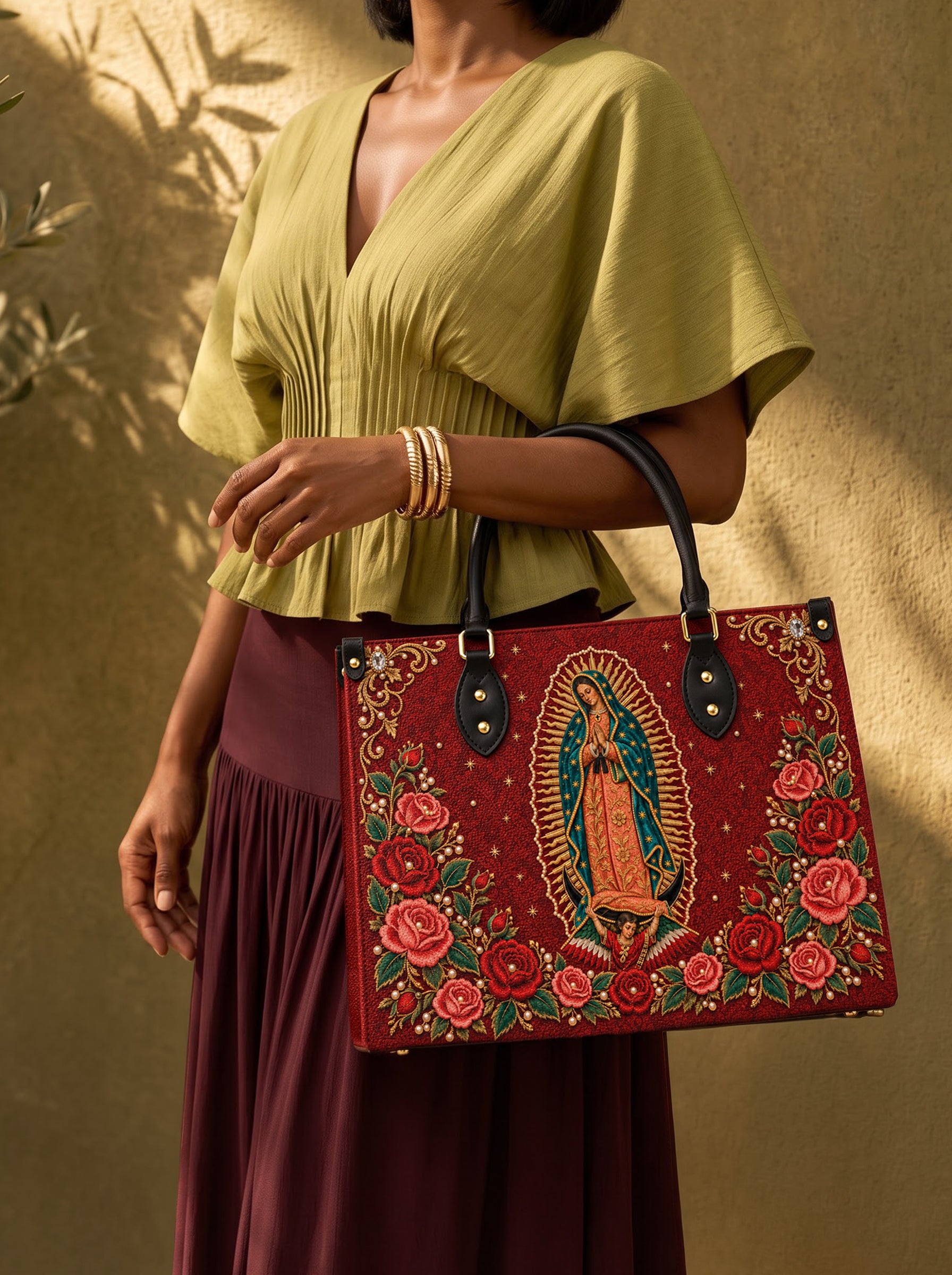 Our Lady of Guadalupe Rosa Brown Interior - Deluxe Leather Handbag