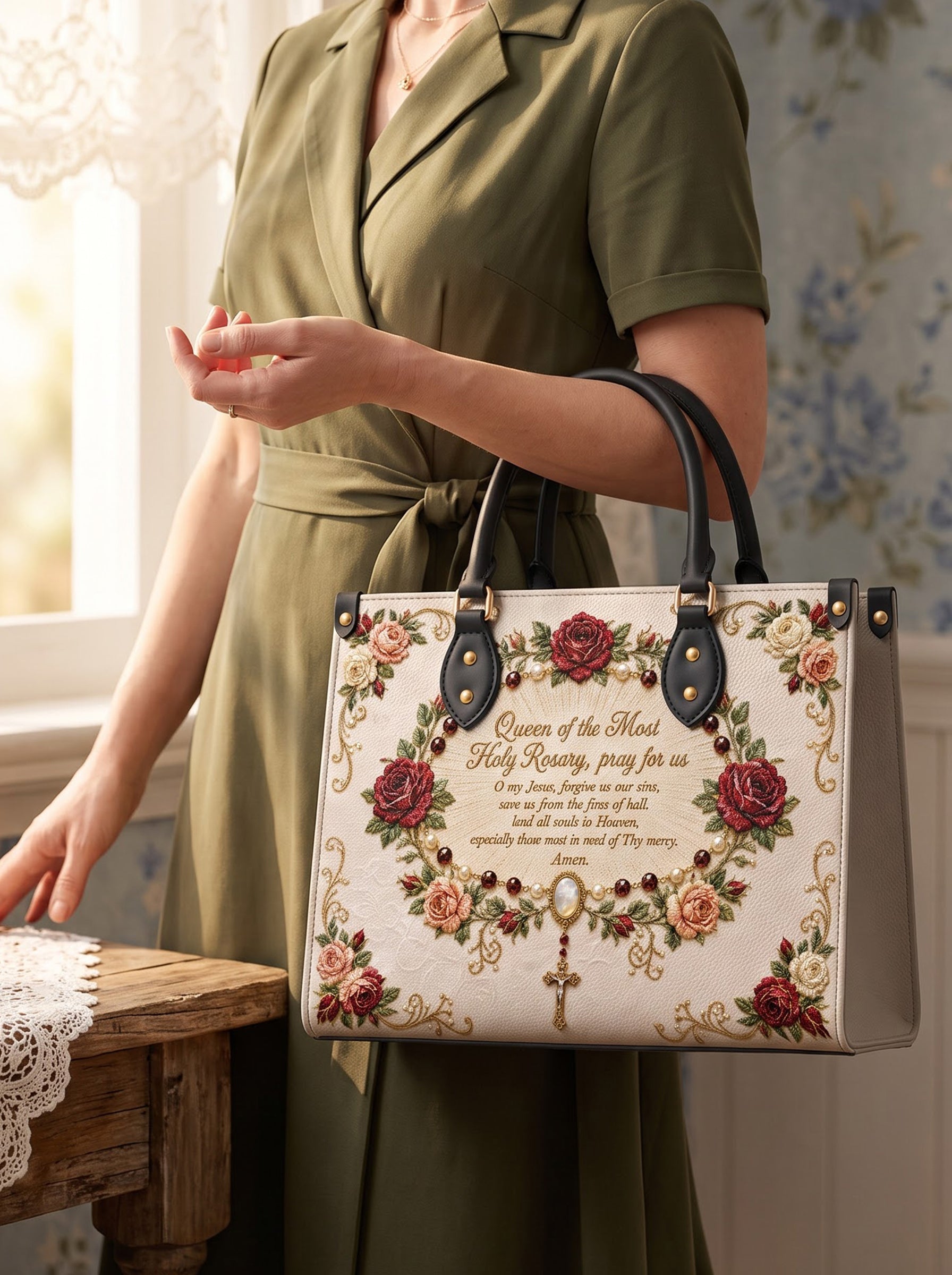 Our Lady of the Rosary Brown Interior - Deluxe Leather Handbag