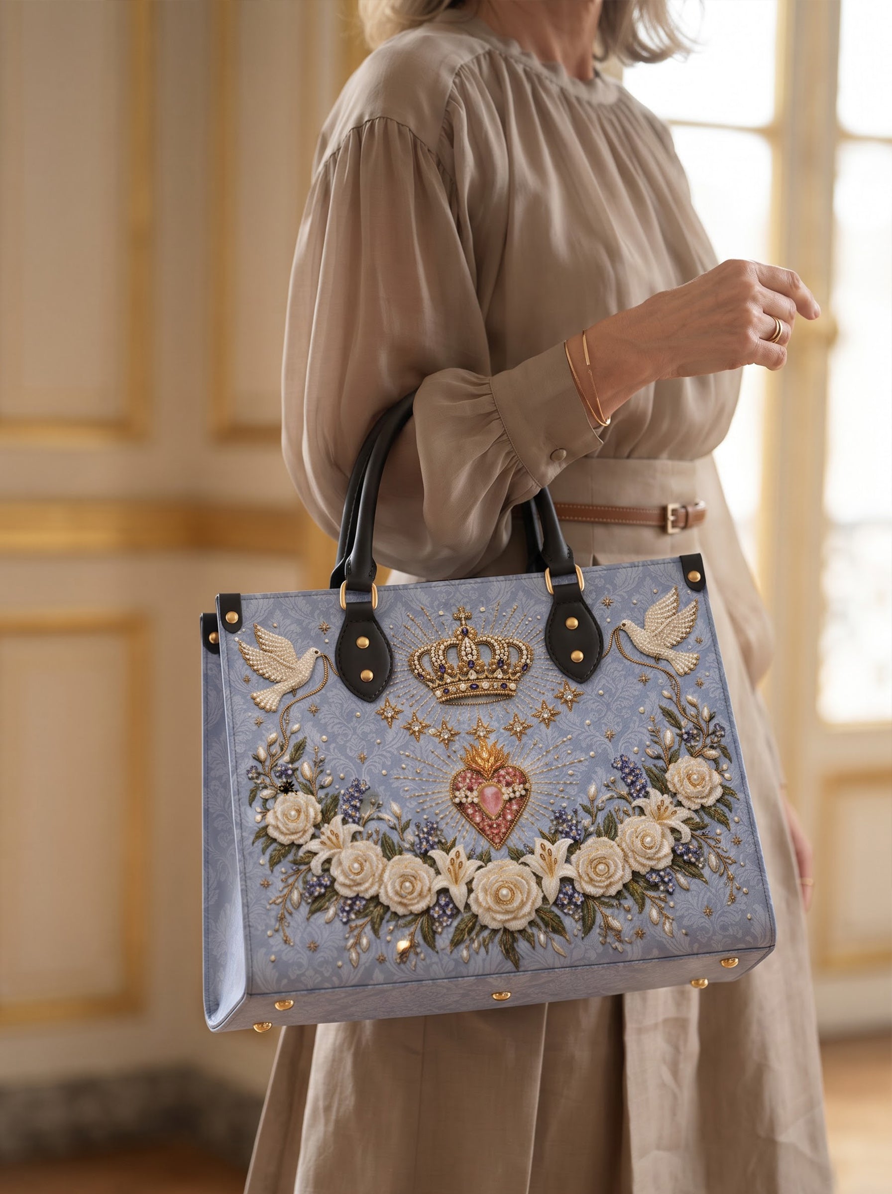 Crowned Immaculate Heart Brown Interior - Deluxe Leather Handbag