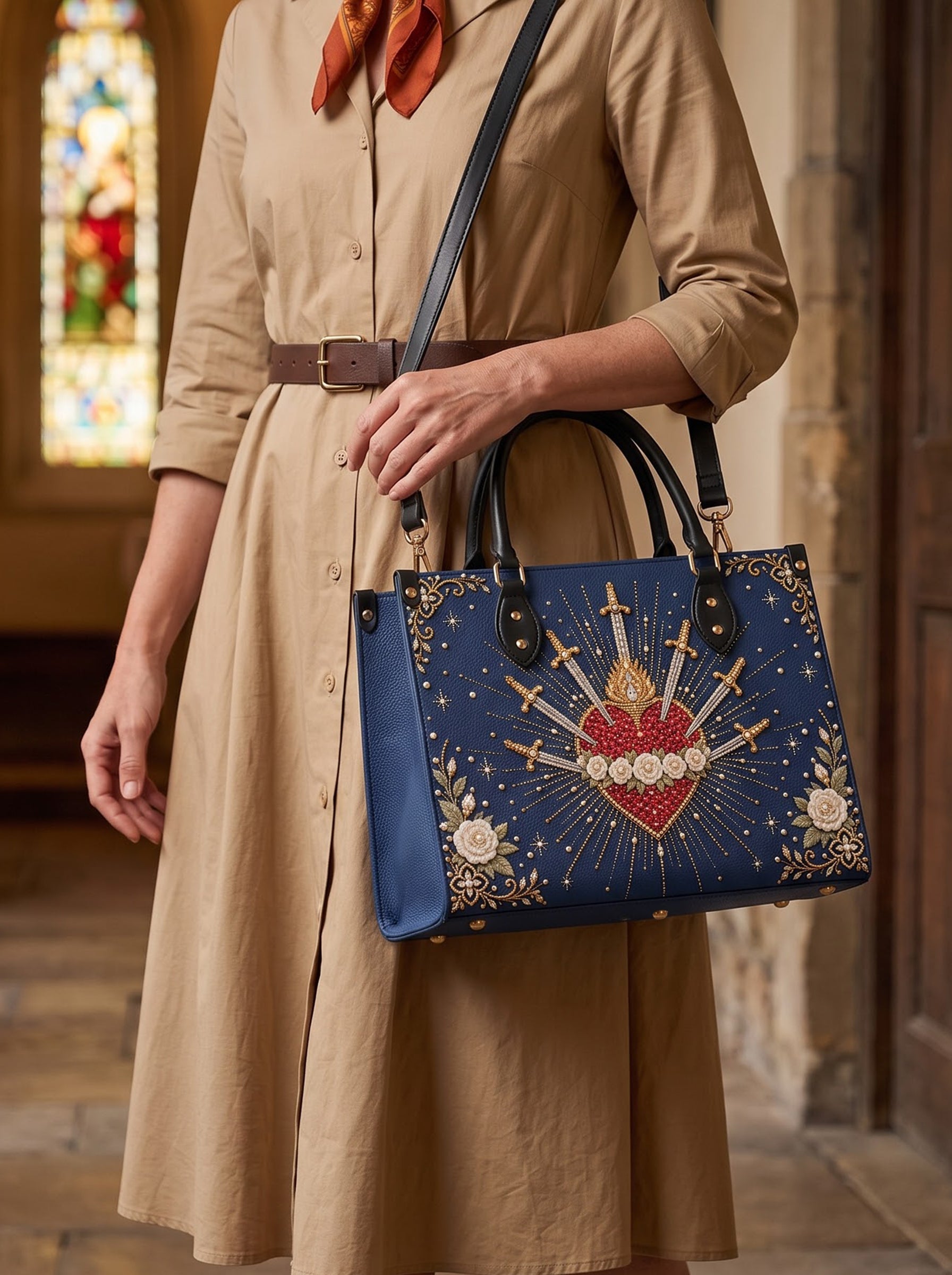 Seven Sorrows Heart Blue Interior - Deluxe Leather Handbag