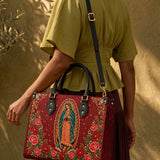 Our Lady of Guadalupe Rosa Brown Interior - Deluxe Leather Handbag