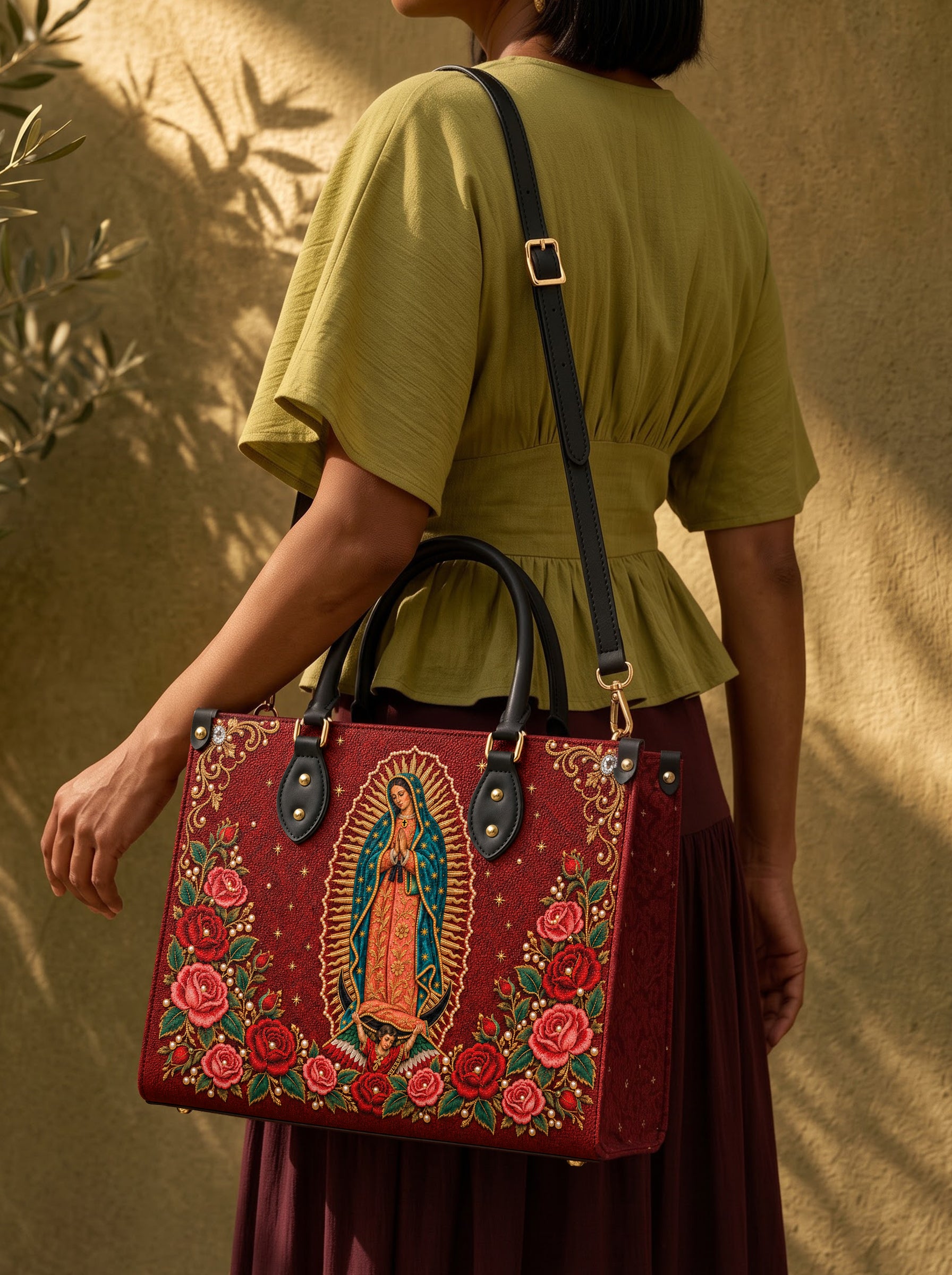 Our Lady of Guadalupe Rosa Brown Interior - Deluxe Leather Handbag