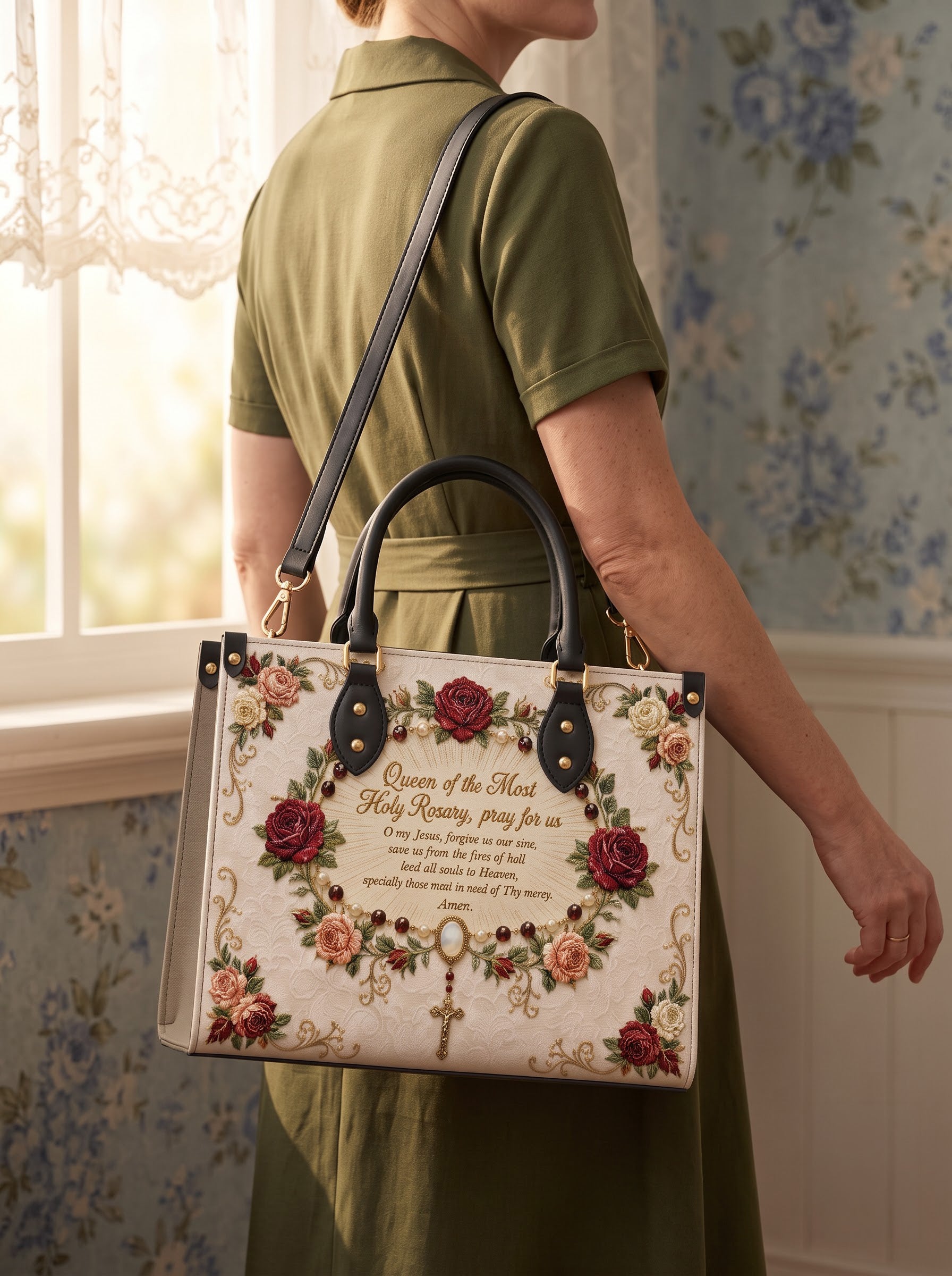 Our Lady of the Rosary Brown Interior - Deluxe Leather Handbag