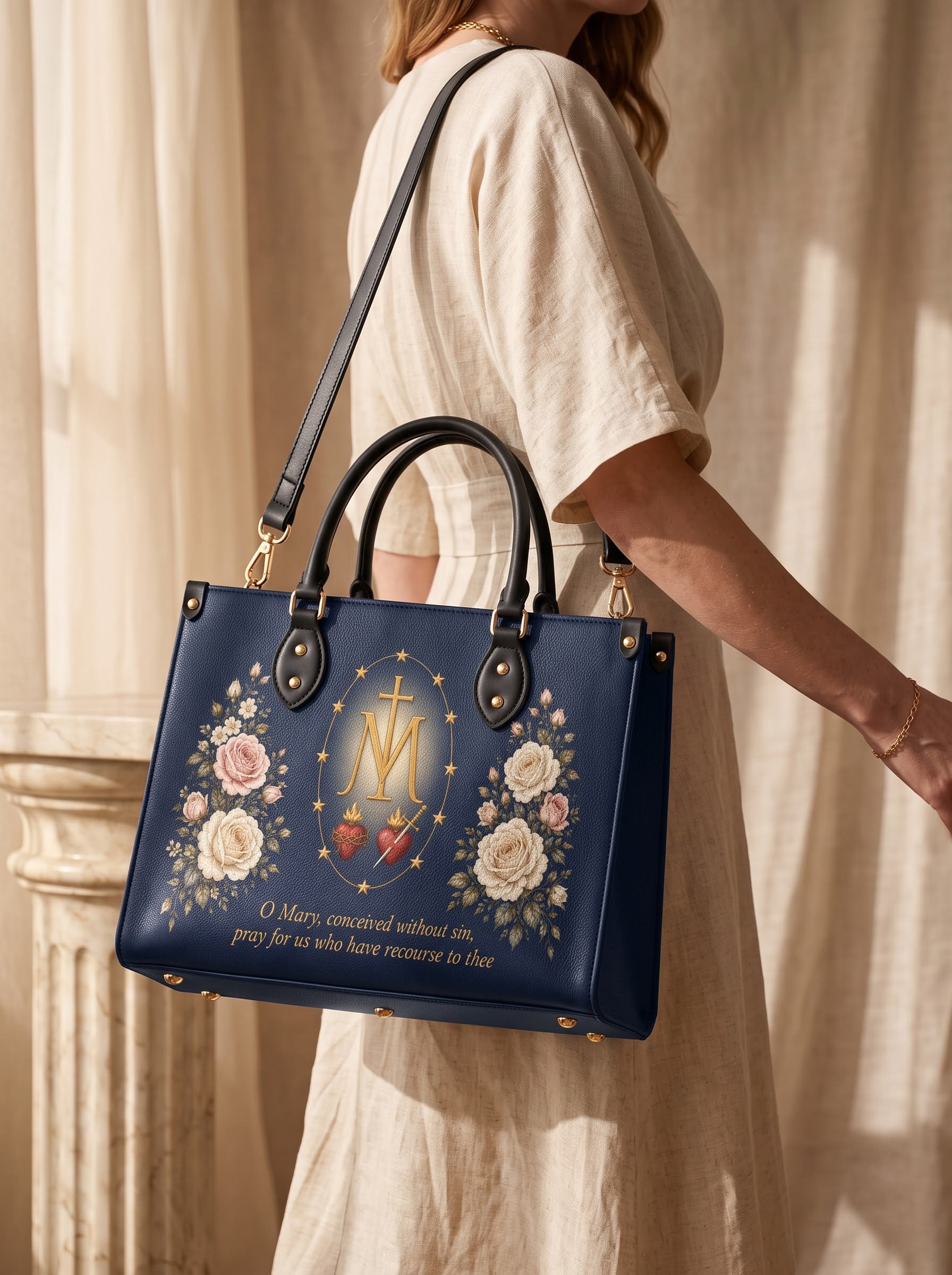 Miraculous Medal Blue Interior - Deluxe Leather Handbag