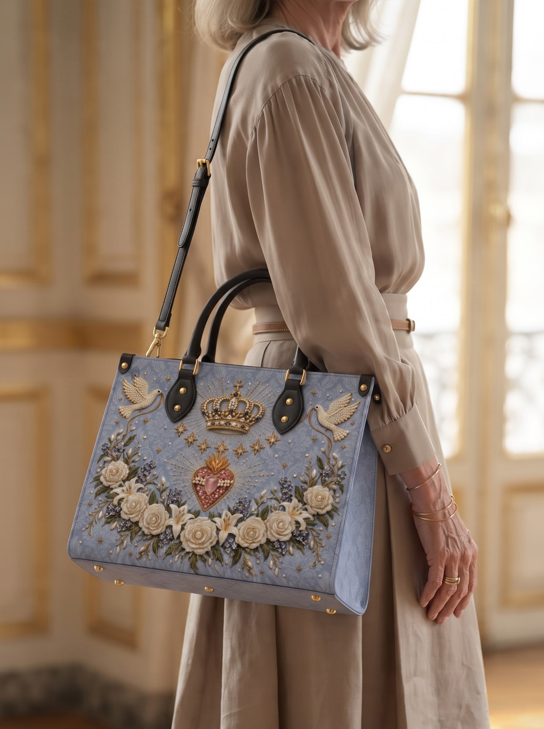 Crowned Immaculate Heart Brown Interior - Deluxe Leather Handbag