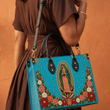 Our Lady of Guadalupe Turquesa Brown Interior - Deluxe Leather Handbag
