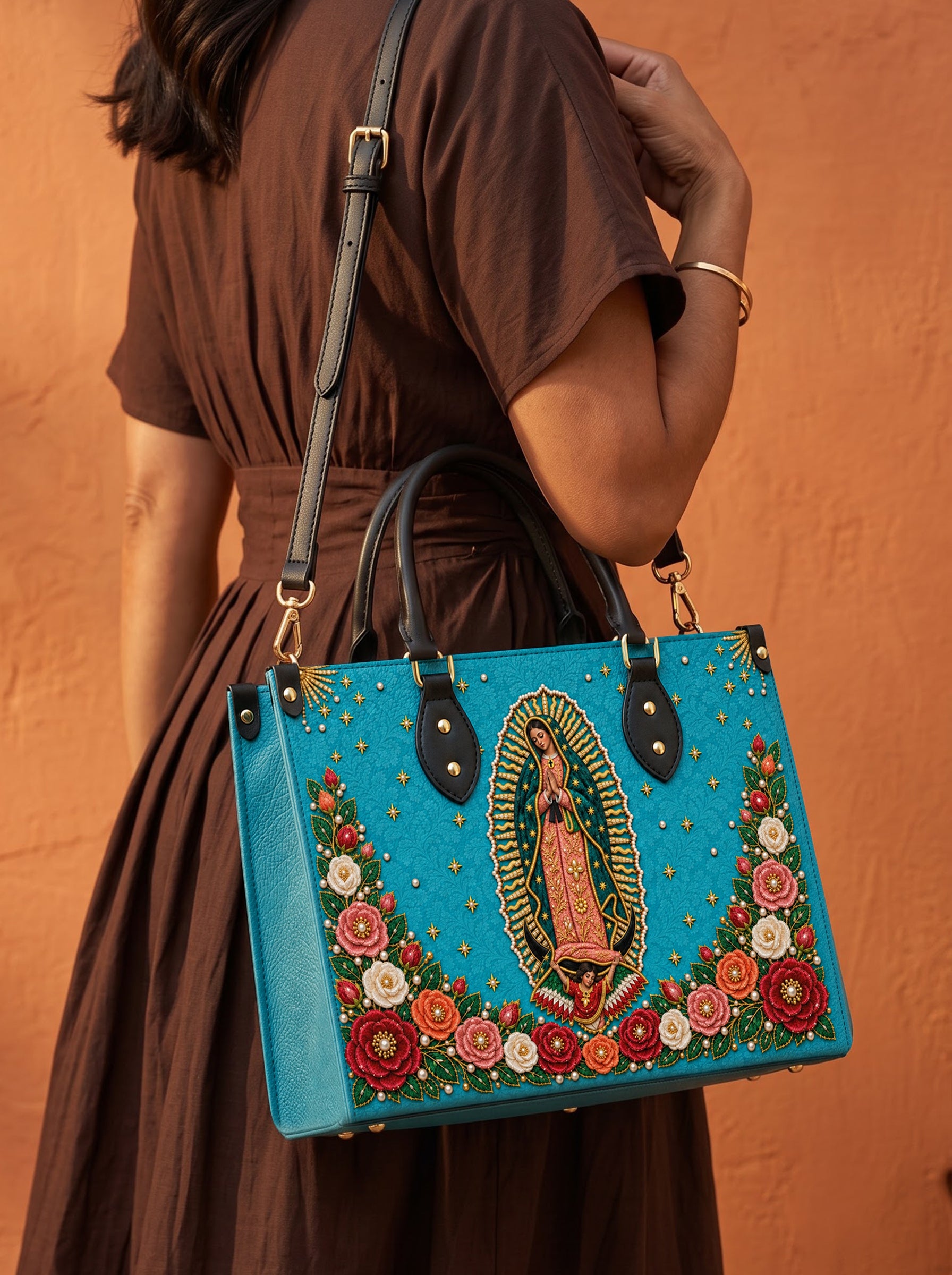 Our Lady of Guadalupe Turquesa Brown Interior - Deluxe Leather Handbag