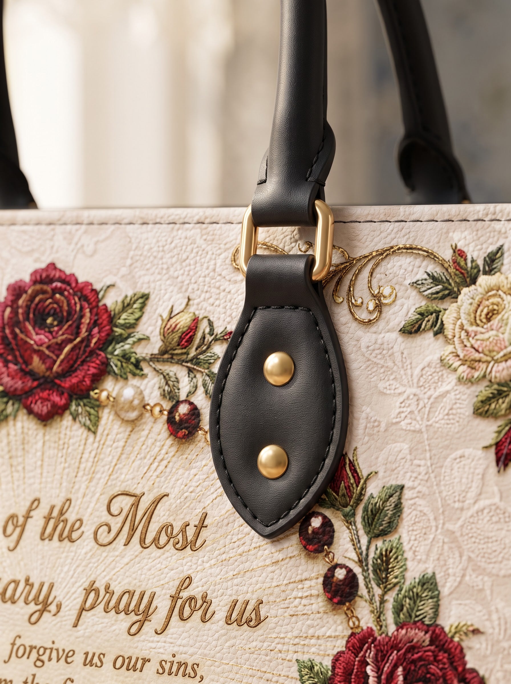 Our Lady of the Rosary Brown Interior - Deluxe Leather Handbag