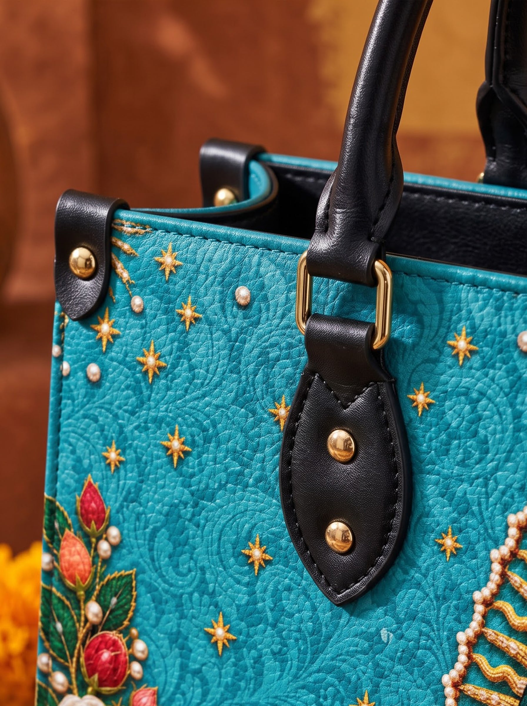 Our Lady of Guadalupe Turquesa Brown Interior - Deluxe Leather Handbag