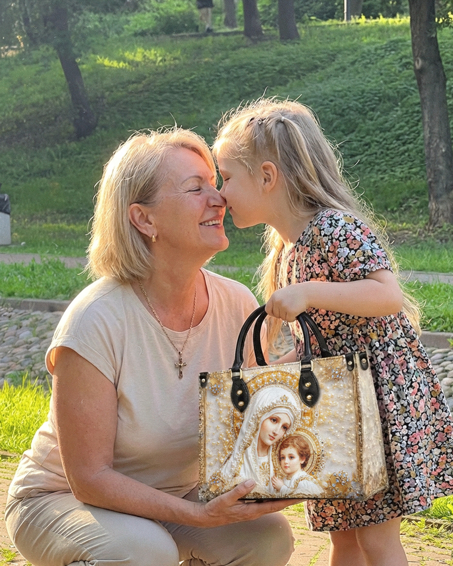 Family with Feratia leather bag